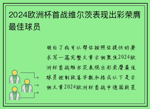 2024欧洲杯首战维尔茨表现出彩荣膺最佳球员